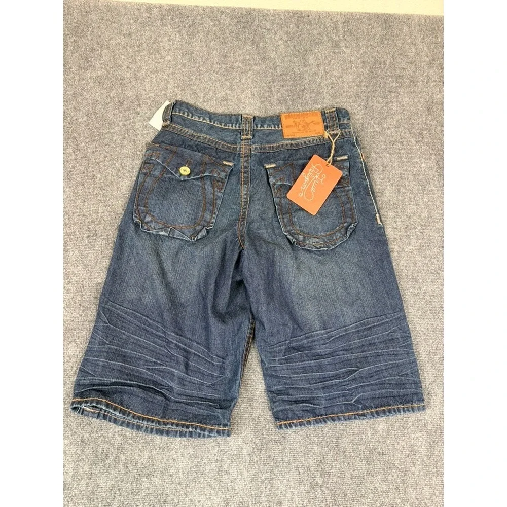 NWT True Religion Men's Blue Denim Cut Off Shorts Dark Wash Mid Rise‎ Baggy 36
